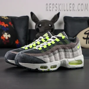 Nike Air Max 95 OG Reverse Neon front three-quarter view featuring textured suede toebox and neon accents.