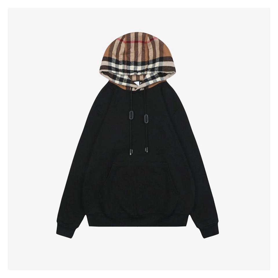 BBry Check Hood Flannel-Trim Hoodie Black Front view