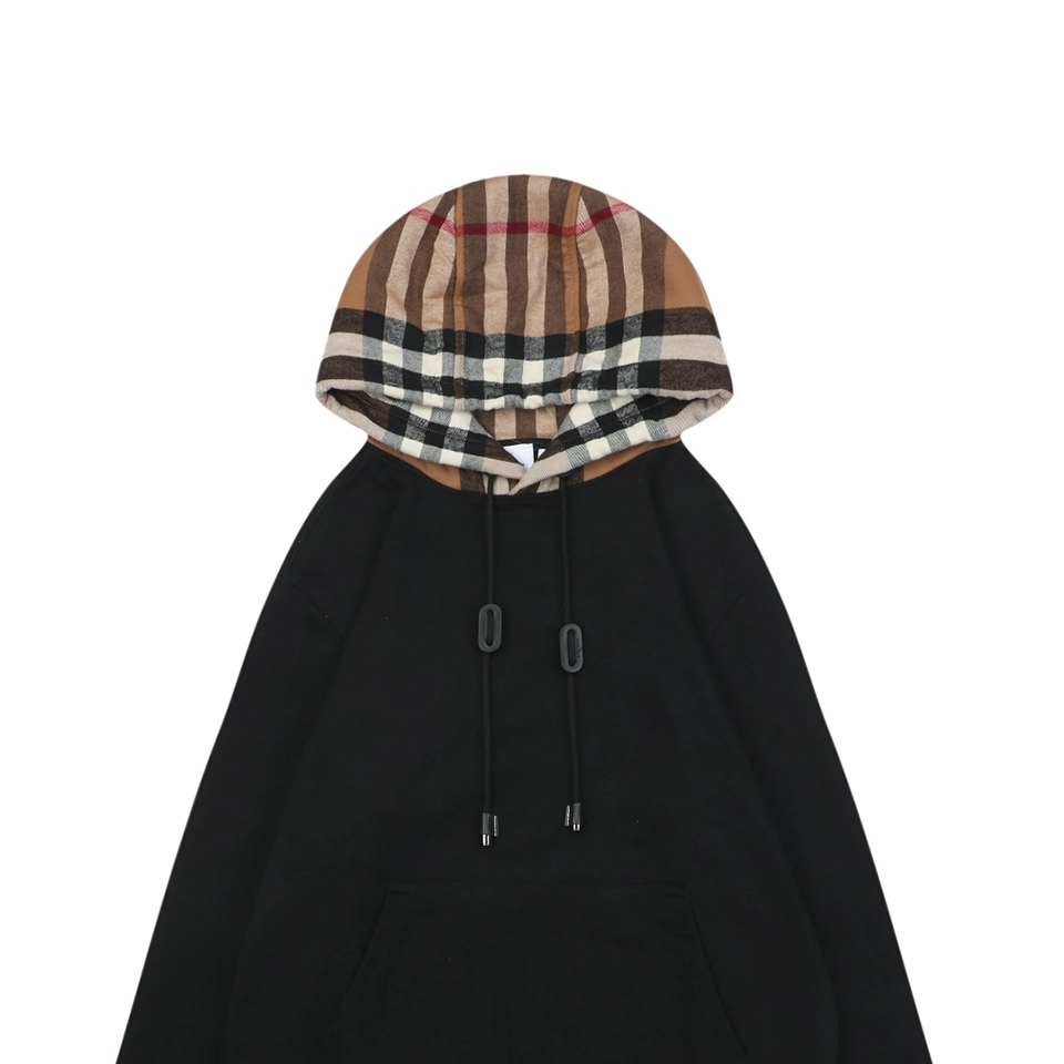 BBry Check Hood Flannel-Trim Hoodie Black