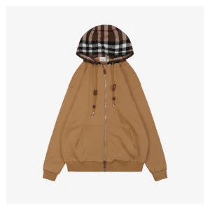 BBry Check Hooded Zip-Up Jacket Brown Front view