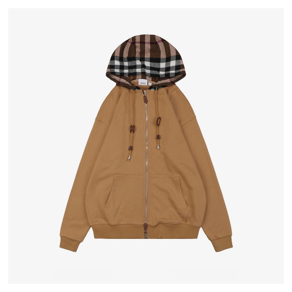 BBry Check Hooded Zip-Up Jacket Brown Front view