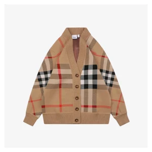 BBry Oversized Check Wool Cardigan - Light Brown Front view