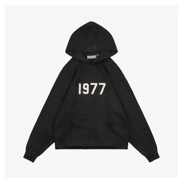 Fear Of God Essentials 1977 Flocked Hoodie Knit Sweater Black Front view
