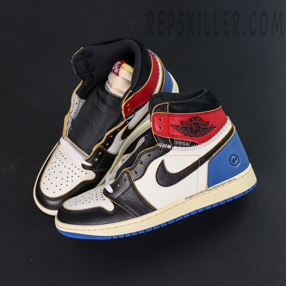 Overhead view of Fragment x Union LA x Air Jordan 1 Retro High OG – both shoes