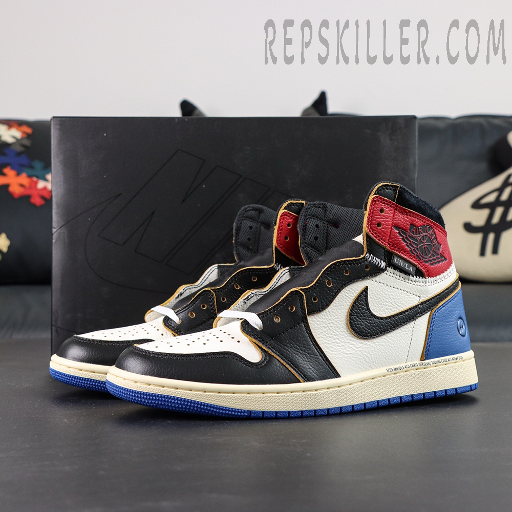 Fragment Design x Union LA x Air Jordan 1 Retro High OG sneakers with box – side view