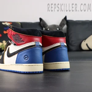 Back heel view – red, white, blue color-blocking of Fragment x Union AJ1