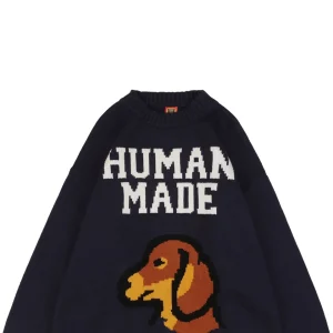 Human Made Dog Graphic Jacquard Crewneck Knit Sweater Navy