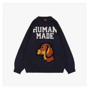 Human Made Dog Graphic Jacquard Crewneck Knit Sweater Navy Front view