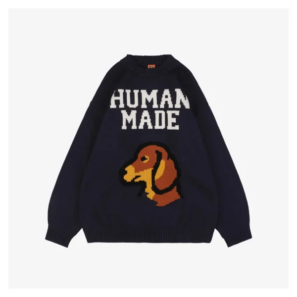 Human Made Dog Graphic Jacquard Crewneck Knit Sweater Navy Front view