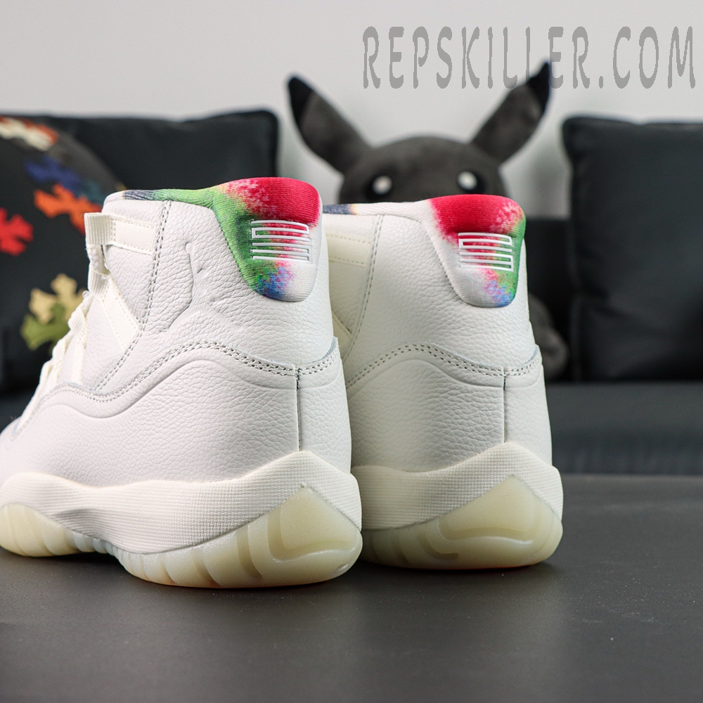 Air Jordan 11 Retro “285” back heel view with gradient multicolor collar