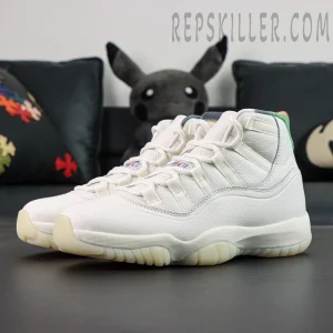 Jordan 11 Retro ‘285’ white leather sneakers side angle showing full upper and translucent outsole.