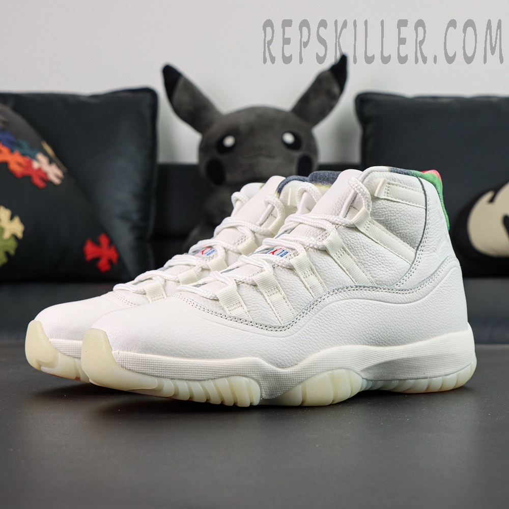 Jordan 11 Retro ‘285’ white leather sneakers side angle showing full upper and translucent outsole.
