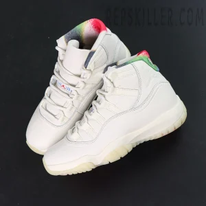 Air Jordan 11 Retro “285” top view showing both shoes with multicolor collars