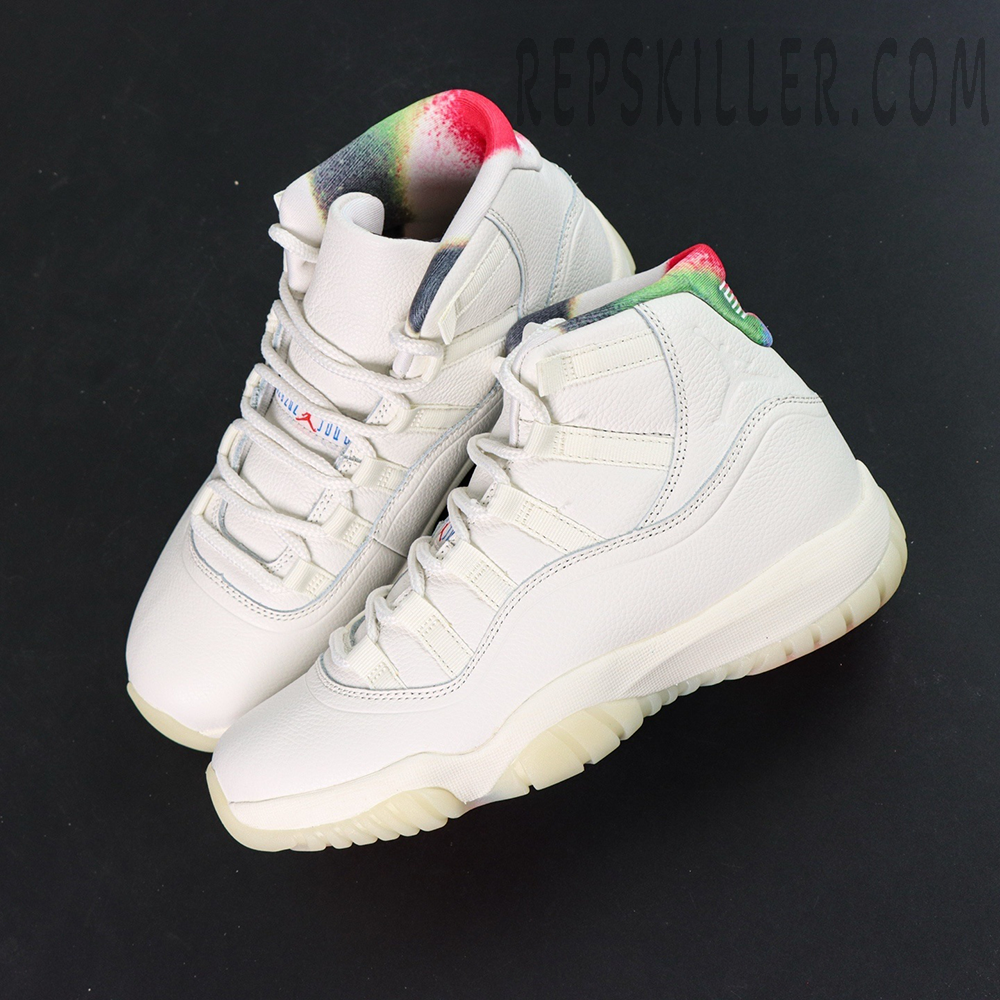 Air Jordan 11 Retro “285” top view showing both shoes with multicolor collars