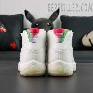 Air Jordan 11 Retro “285” rear view showing leather upper and multicolor heel