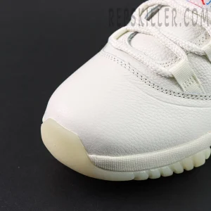 Air Jordan 11 Retro “285” toe box close-up showing tumbled leather texture