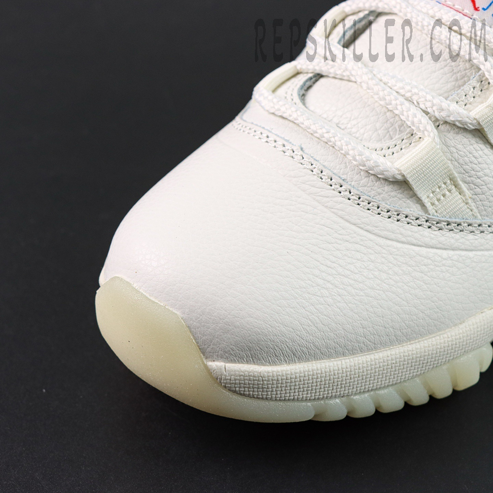 Air Jordan 11 Retro “285” toe box close-up showing tumbled leather texture