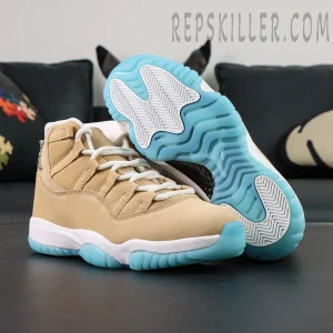 Jordan 11 Retro ‘H-Town’ outsole view highlighting icy blue rubber sole and carbon fiber shank plate.