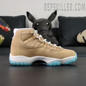 Jordan 11 Retro ‘H-Town’ lateral side view showcasing tan suede upper and white midsole.