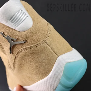 Close-up of the heel suede, metallic Jumpman logo and icy blue outsole on the Jordan 11 Retro ‘H-Town’.