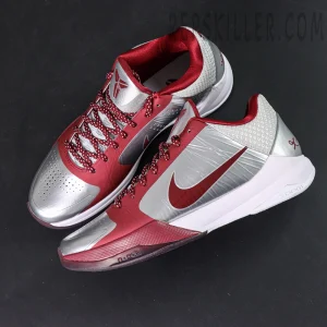 Kobe 5 Protro ‘Lower Merion Aces’ shoes top view with metallic silver and maroon panels.