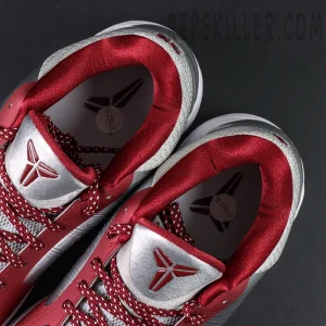 Inner lining and tongue top view of Kobe 5 Protro ‘Lower Merion Aces’ in red and silver.