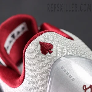 Close-up of Kobe 5 Protro ‘Lower Merion Aces’ heel with red spade embroidery