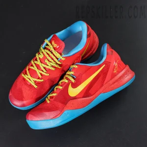 Top-down view of Kobe 8 Protro Year of the Horse in red upper with yellow Swoosh and blue outsole, highlighting festive color blocking.