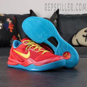Kobe 8 Protro Year of the Horse red and blue outsole display with yellow logo on heel, showcasing traction pattern and vibrant colorway.