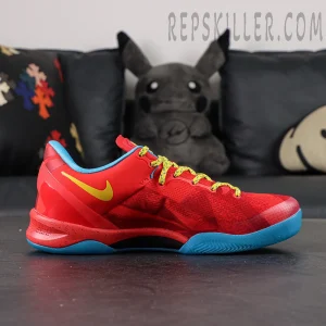 Lateral side view of Kobe 8 Protro Year of the Horse showing yellow Nike Swoosh and red engineered mesh upper.