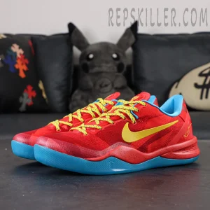 Full pair side-by-side view of Kobe 8 Protro Year of the Horse showcasing red upper, yellow Swoosh and blue midsole.
