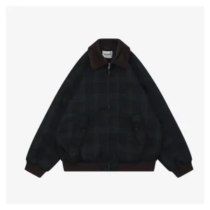 MM Dark Green Plaid Quilted Padded Jacket Front view