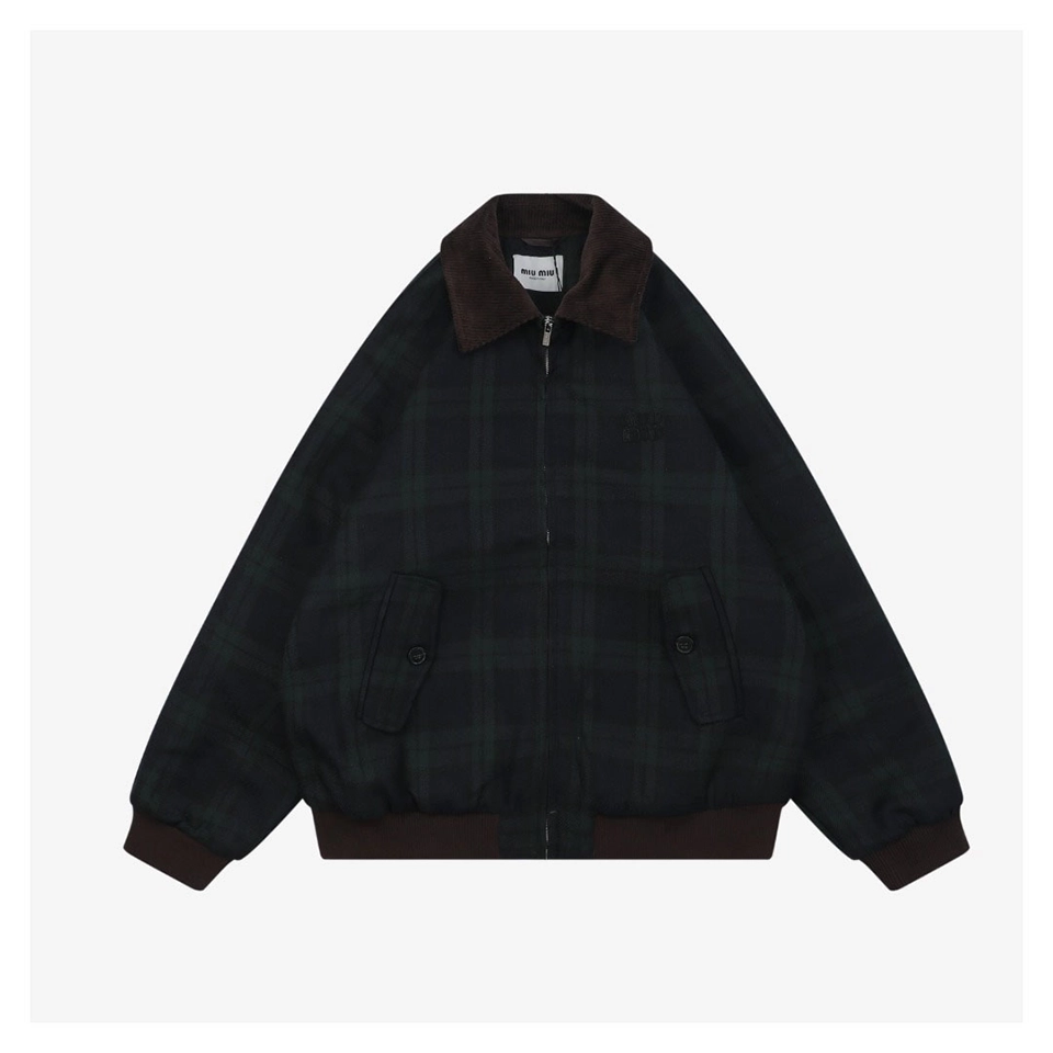 MM Dark Green Plaid Quilted Padded Jacket Front view