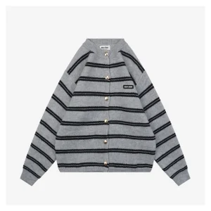 MM Grey and White Striped Knit Cardigan Front view