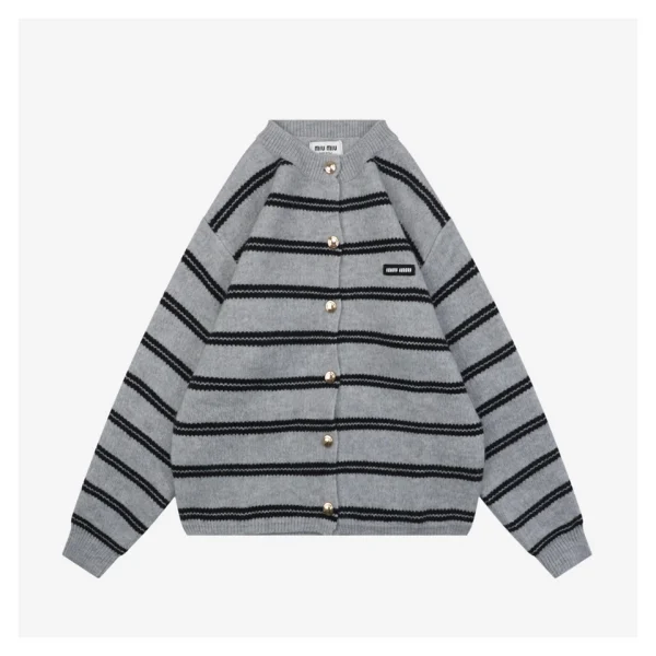 MM Grey and White Striped Knit Cardigan Front view