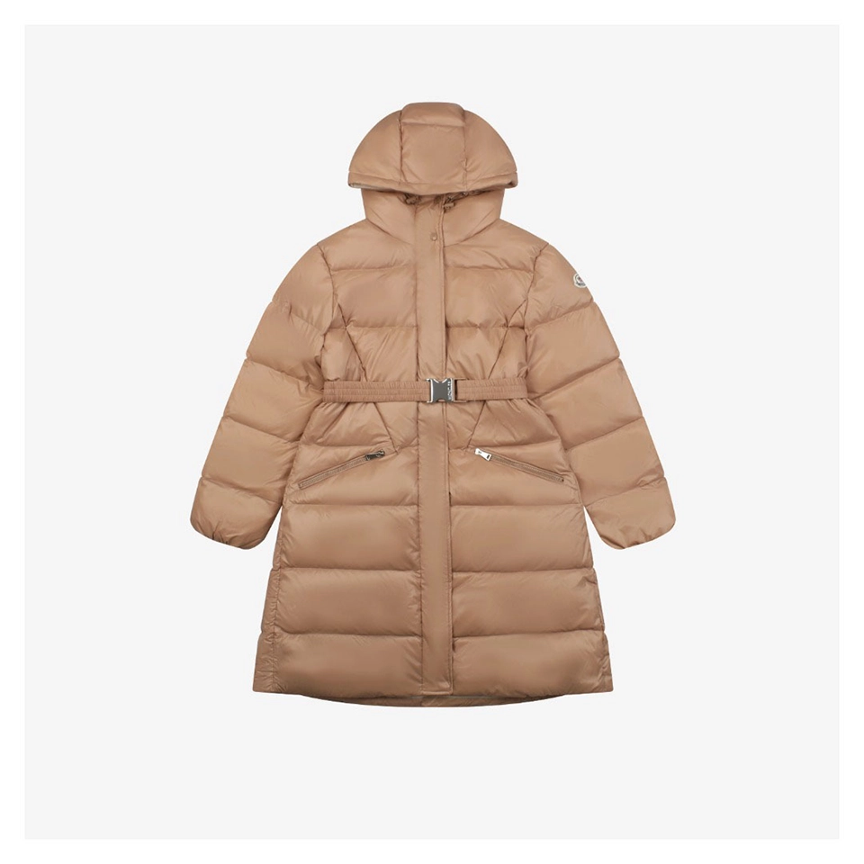 Mxxcler Bellevue Belted Hooded Long Down Jacket Brown Front view