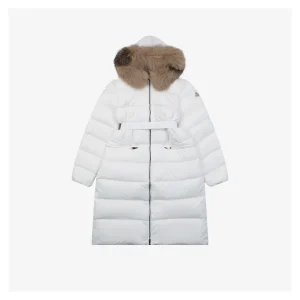 Mxxcler Boedic Belted Fur-Trim Hooded Long Down Jacket White Front view
