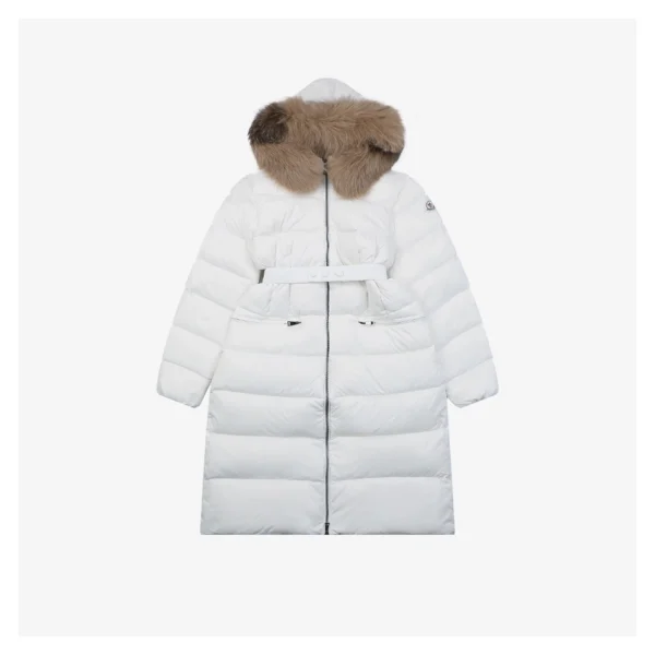 Mxxcler Boedic Belted Fur-Trim Hooded Long Down Jacket White Front view