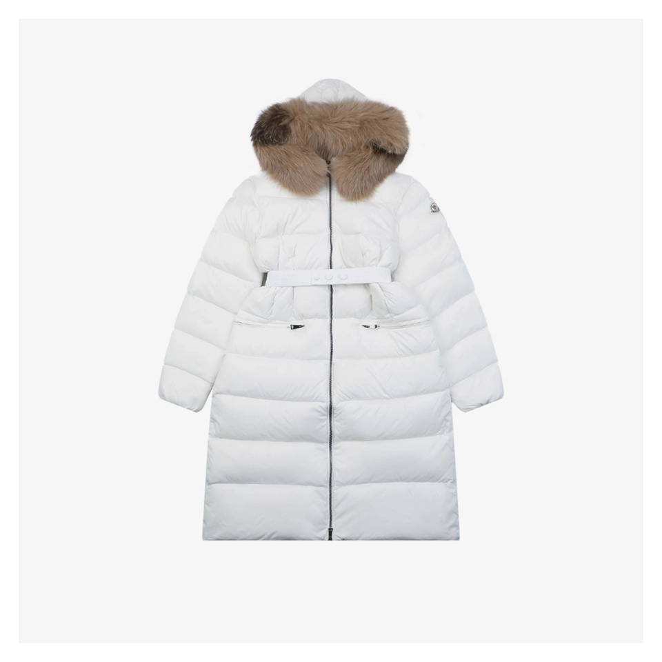 Mxxcler Boedic Belted Fur-Trim Hooded Long Down Jacket White Front view