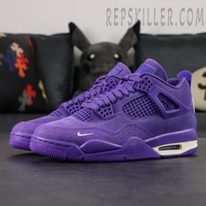 Side view of the Nigel Sylvester x Jordan 4 OG SP ‘Brick By Brick’ Purple featuring suede overlays, mesh panels, and sail midsole.