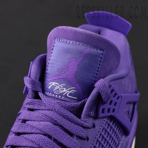 Detailed view of the tongue patch on the Nigel Sylvester Jordan 4 Purple showing the Jumpman logo and ‘Flight’ text embroidery.