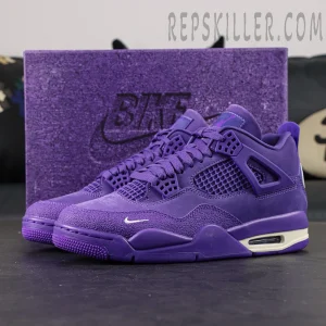 Nigel Sylvester x Jordan 4 ‘Brick By Brick’ Purple with special edition purple textured shoebox behind the shoes.