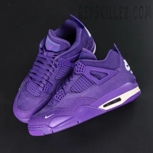 Nigel Sylvester x Jordan 4 Retro OG SP ‘Brick By Brick’ Purple sneakers displayed at an angle showing the premium purple suede upper and white Nike Air heel branding.