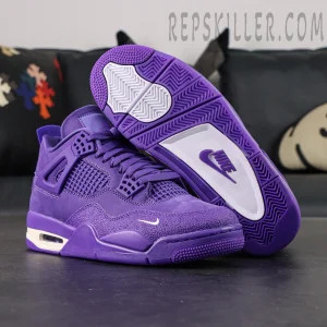 Nigel Sylvester x Jordan 4 ‘Brick By Brick’ Purple outsole and upper details shown in a dynamic angled product shot.