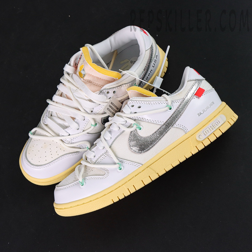 Off-White x Nike Dunk Low Lot 01 of 50 sneakers top-down view with white and silver details