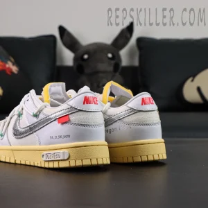 Off-White x Nike Dunk Low Lot 01 of 50 rear angle showing red Nike heel logo and silver Swoosh
