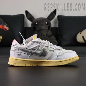 Off-White x Nike Dunk Low Lot 01 of 50 lateral side showcasing Off-White text print and silver Swoosh