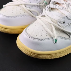 Off-White x Nike Dunk Low Lot 01 of 50 close-up toe box with perforated leather and overlay lacing