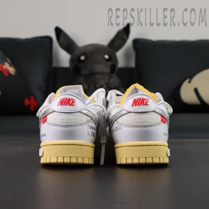 Off-White x Nike Dunk Low Lot 01 of 50 heel view highlighting exposed foam tongue and stitched details
