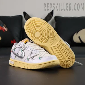 Off-White x Nike Dunk Low Lot 01 of 50 outsole and side profile displaying yellow rubber sole